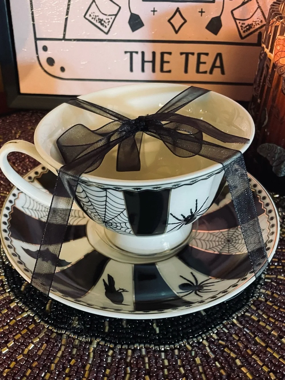 PARK CHATEAU NEW Gothic Spider Bats Halloween Porcelain Teacup and Saucer Set